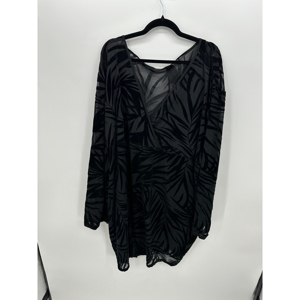 Y2K Black Sheer Burnout Palm Leaf Mesh Beach Cover Up Goth Festival Tunic 3X